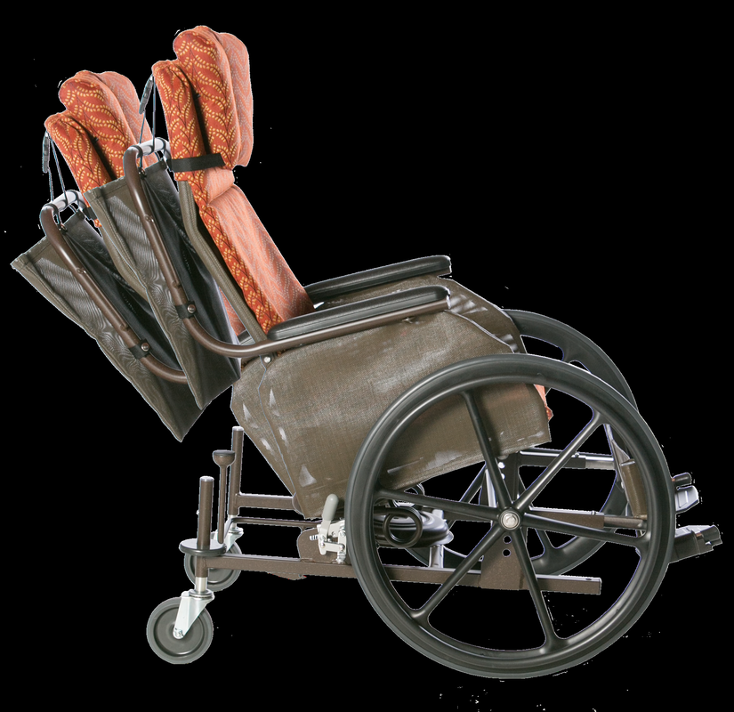 Picture of Rock N Go wheel chair reclined with elevating legrest; Sedona frame finish with padded cuhion and standard head pillow in Caldecott fabric.  Fitted with elevating legrest.