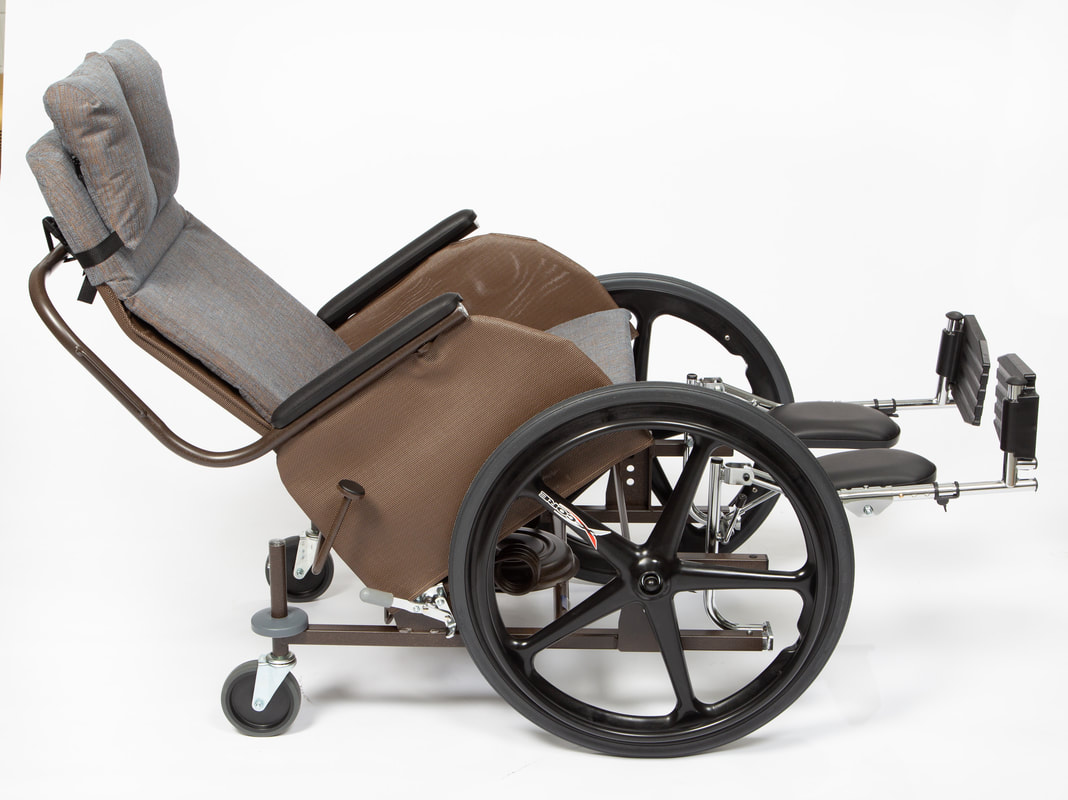Picture of Rock N Go wheel chair with arrow demonstrating rocking motion.  Cognac frame finish with padded cushion and standard head pillow in Tapestry fabric.  Fitted with standard foot plates and heel/leg strap.